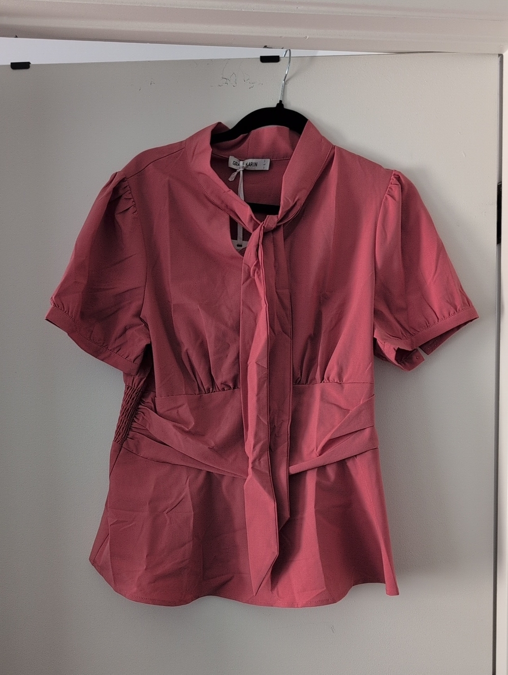 Grace Karin Dusty Rose Tie-Neck Short Sleeve Blouse